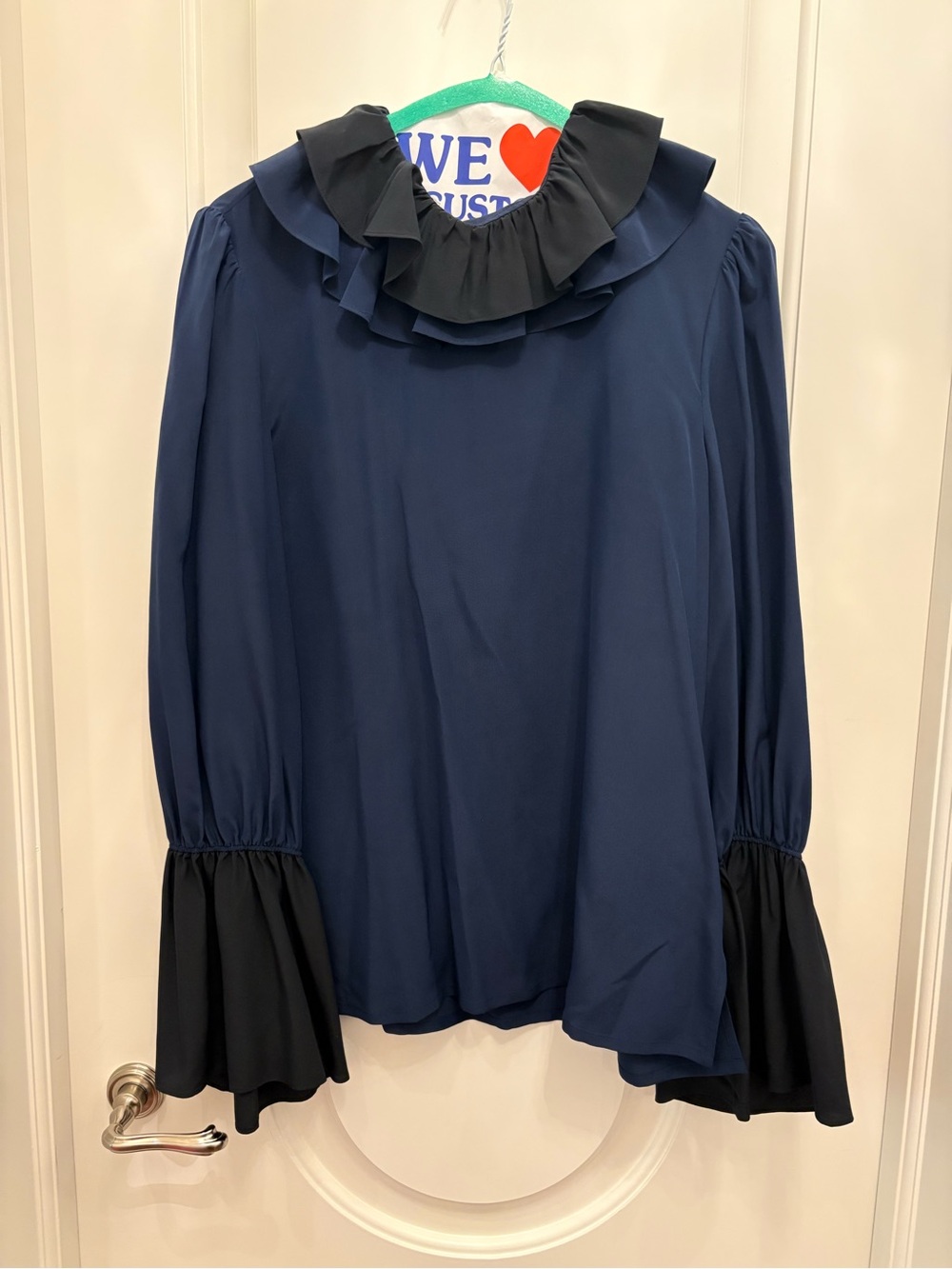 Tory Burch Navy Blouse with Black Ruffle Collar and Flared Cuffs